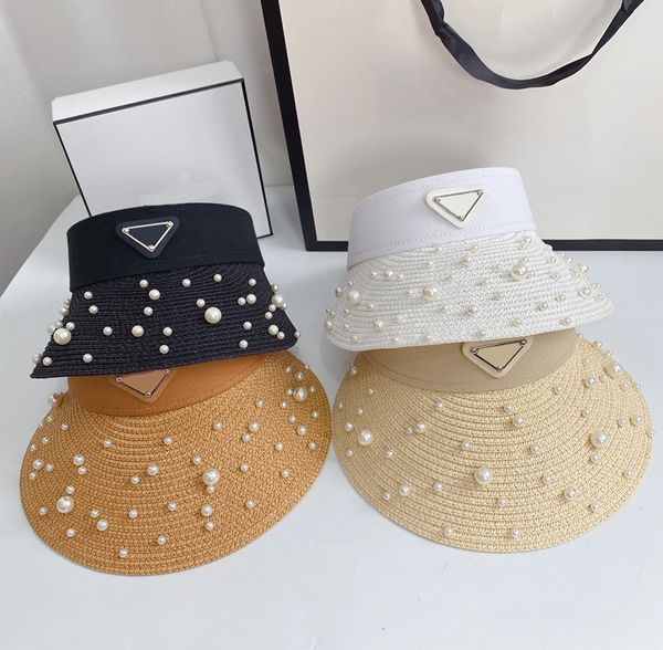 Pearl Beach Straw Hats Woman Summer Vintage Outdoor Sun Protection Cap Solid Color Breathable Caps Bandage Wide Brim Hats