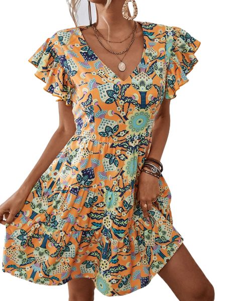 random floral print butterfly sleeve a-line dress without belt f0c2#, Black;gray