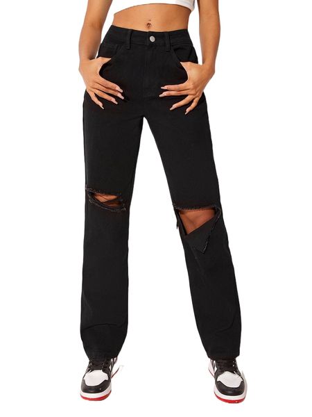 ripped slant pocket straight leg jeans c8w2#, Blue