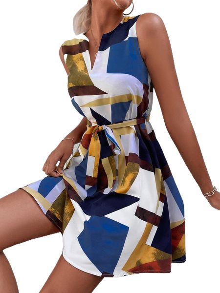 geo print notched neck belted dress p1fk#, Black;gray
