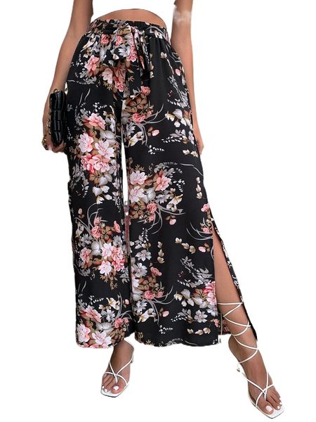 floral print split hem belted pants y9sp#, Black;white 
floral print split hem belted pants y9sp#, Black;white