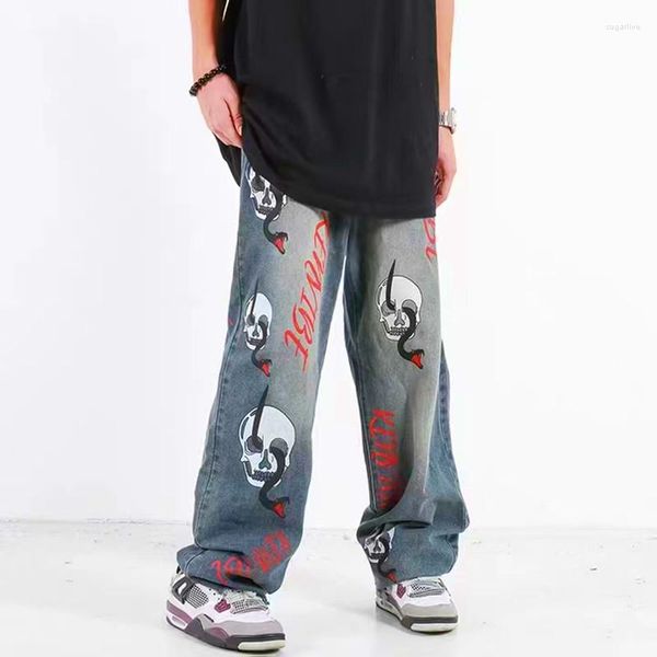 men's jeans vibe style skull letter print punk men baggy pants y2k hombre straight loose hip hop denim trousers pantalon hommemen', Blue
men's jeans vibe style skull letter print punk men baggy pants y2k hombre straight loose hip hop denim trousers pantalon hommemen', Blue