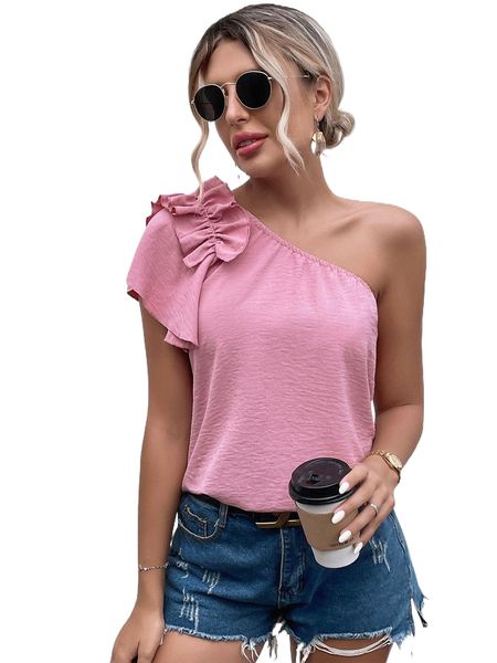 one shoulder ruffle trim blouse e551#, White