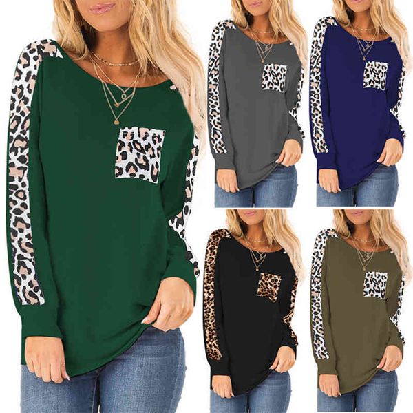 women's t-shirt 2022 autumn long sleeve leopard patch pocket round neck pullover t-shirt psje, White
women's t-shirt 2022 autumn long sleeve leopard patch pocket round neck pullover t-shirt psje, White