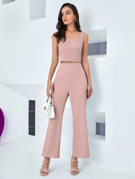 square neck crop tank & flare leg pants n09g#, White 
square neck crop tank & flare leg pants n09g#, White