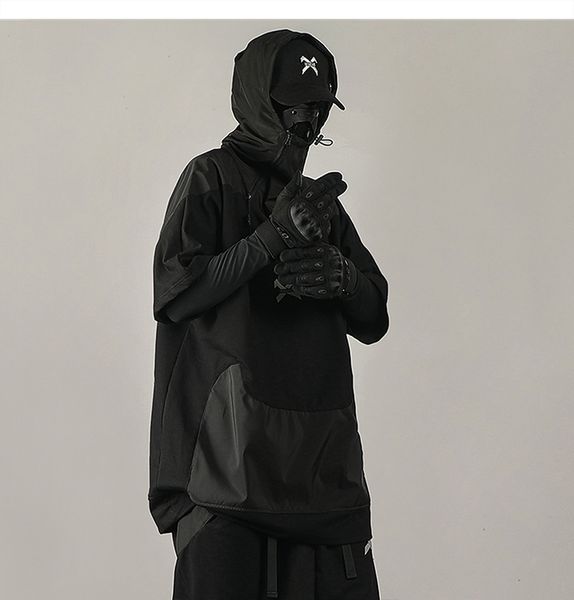 men's hoodies dark harajuku techwear short sleeve t shirts hip hop zip up hooded patchwork drawstring tee shirt function streetwear, Black
men's hoodies dark harajuku techwear short sleeve t shirts hip hop zip up hooded patchwork drawstring tee shirt function streetwear, Black