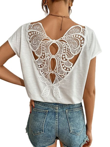 guipure lace panel batwing sleeve tee e6ru#, White