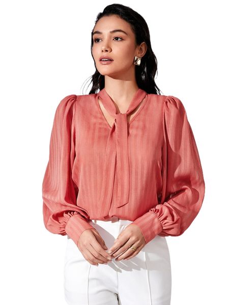 tie neck puff sleeve blouse 95bd#, White 
tie neck puff sleeve blouse 95bd#, White