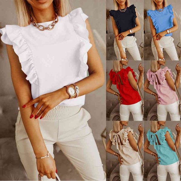 women summer new loose round neck 2022 fashion solid color ruffle short-sleeved shirt, White
women summer new loose round neck 2022 fashion solid color ruffle short-sleeved shirt, White