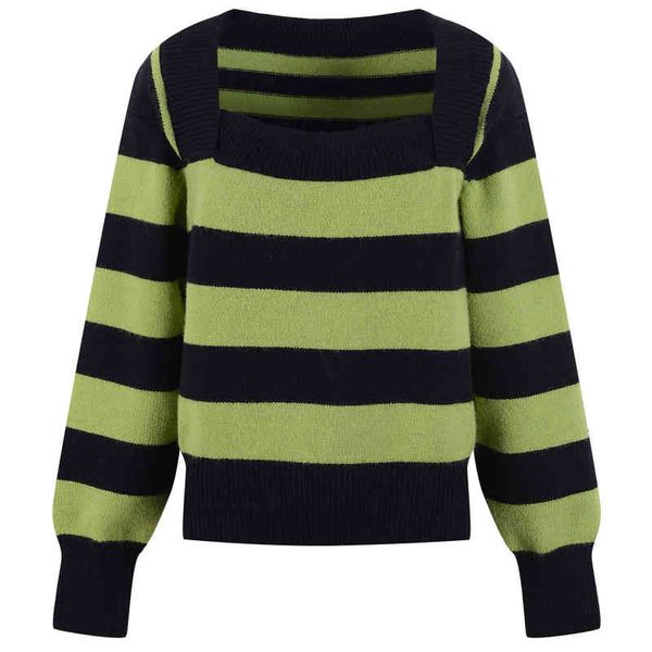 women's knits tees autumn and winter fashionable one line collar korean version age reduction stripe contrast color knitted long sleeve, White
women's knits tees autumn and winter fashionable one line collar korean version age reduction stripe contrast color knitted long sleeve, White