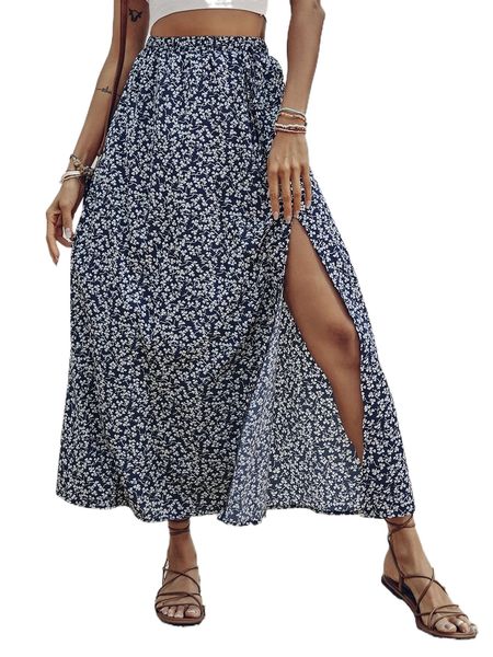 ditsy floral print split thigh skirt q80c#, Black