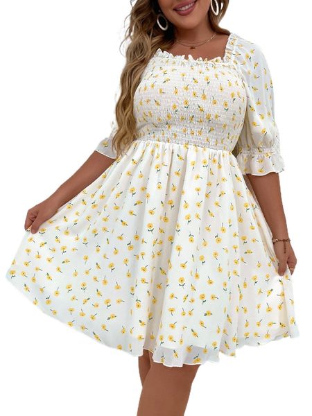plus ditsy floral print shirred flounce sleeve dress n1ld#, Black
