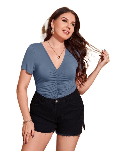 plus solid ruched v neck tee j7ty#, Black