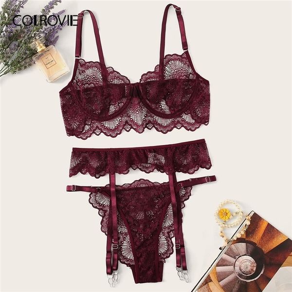 colrovie burgundy floral lace garter lingerie set women intimates underwire transparent bra and thongs underwear set y200115, Red;black
colrovie burgundy floral lace garter lingerie set women intimates underwire transparent bra and thongs underwear set y200115, Red;black
