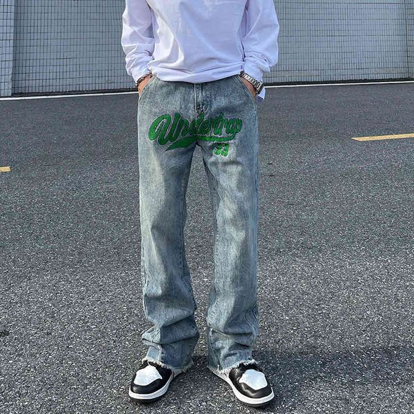 american high street wash embroidered jeans men's ins national fashion vib style loose straight horn pants, Blue
american high street wash embroidered jeans men's ins national fashion vib style loose straight horn pants, Blue