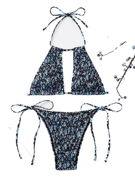random ditsy floral print smocked cut out halter tie side bikini swimsuit 06a9#, White;black
random ditsy floral print smocked cut out halter tie side bikini swimsuit 06a9#, White;black