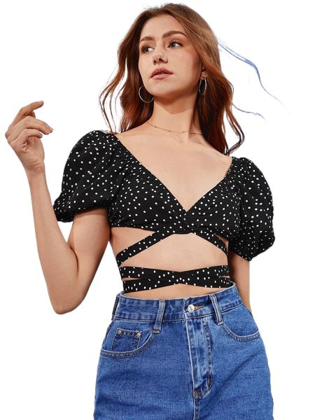 polka dot tie back crop j9vl#, White