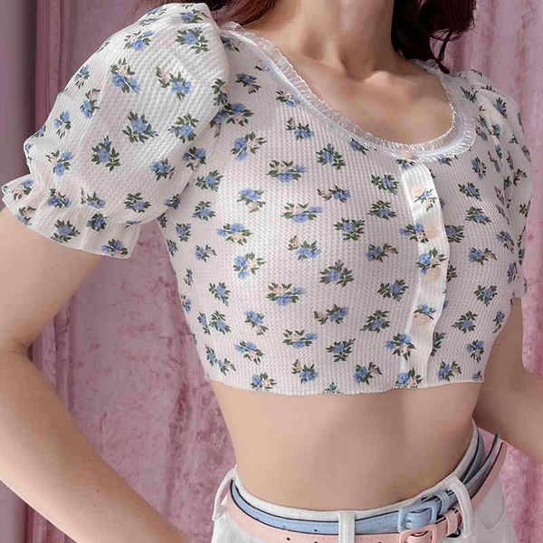 women's t-shirt special retro pure wind blue small broken flower lace super short jacket armk, White
women's t-shirt special retro pure wind blue small broken flower lace super short jacket armk, White