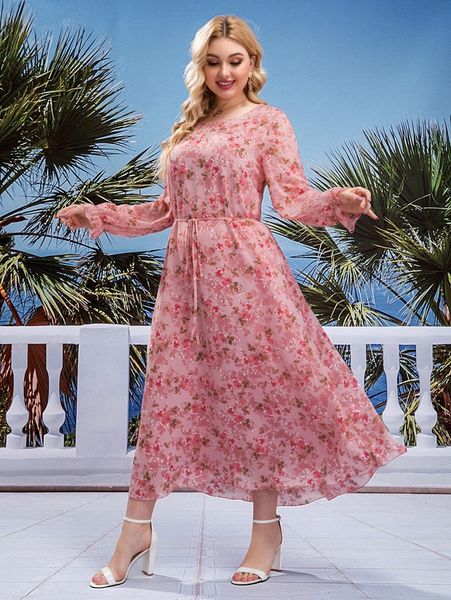 plus allover floral print flounce sleeve chiffon dress v3by#, Black