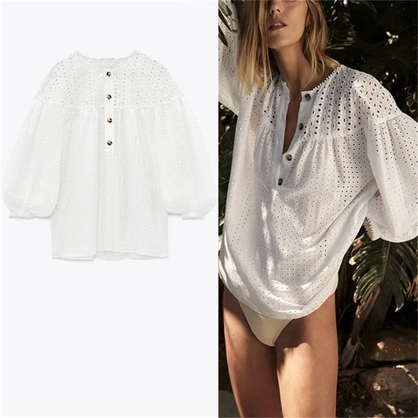 embroidered eyelet white blouse women long puff sleeve o neck elegant summer woman fashion hollow out shirts 210524
embroidered eyelet white blouse women long puff sleeve o neck elegant summer woman fashion hollow out shirts 210524