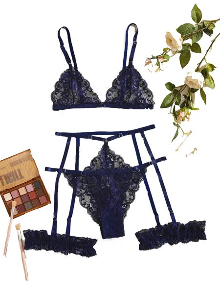 scalloped trim floral garter lingerie set 95yy#, Black;red