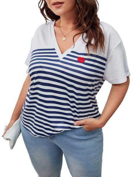 plus striped print heart embroidery tee r0dp#, Black 
plus striped print heart embroidery tee r0dp#, Black