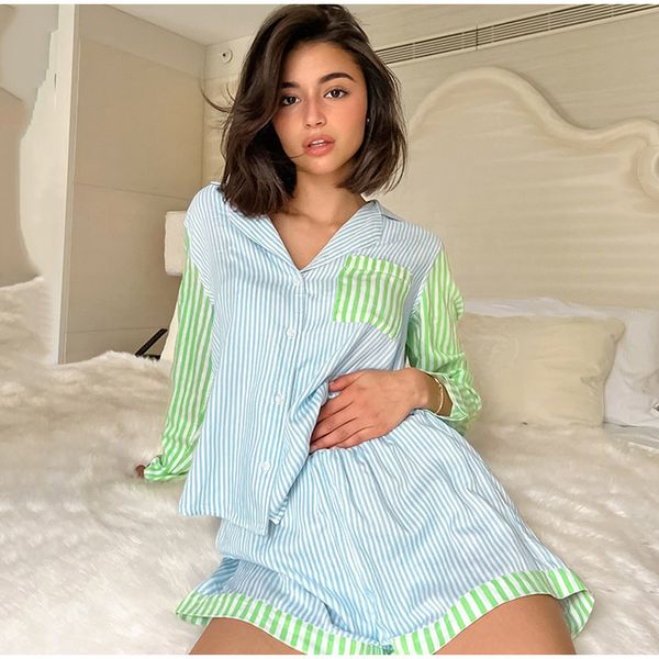 women's tracksuits summer striped shirt shorts two piece set women patchwork long sleeve mini pajamas suit female casual lady outfit, Gray
women's tracksuits summer striped shirt shorts two piece set women patchwork long sleeve mini pajamas suit female casual lady outfit, Gray
