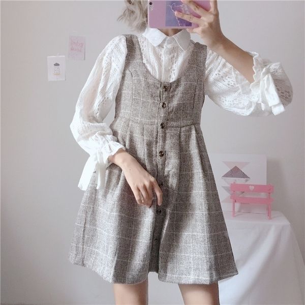 japanese women kawaii 2 pieces set mori girl white lace blouse gray plaid woolen slim mini sundress cute preppy style outfits y200110
japanese women kawaii 2 pieces set mori girl white lace blouse gray plaid woolen slim mini sundress cute preppy style outfits y200110