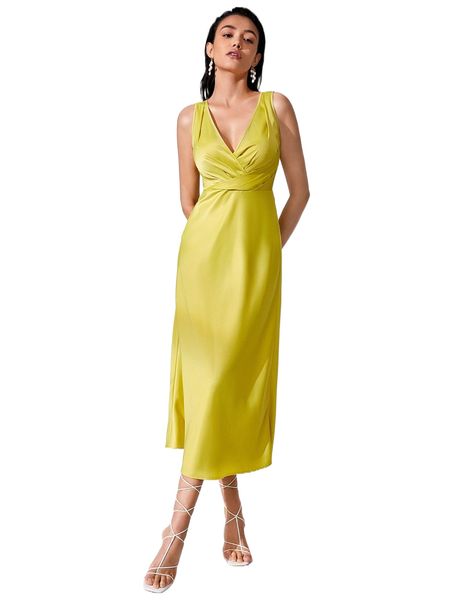 solid v neck wrap detail dress w3rb#, Black;gray