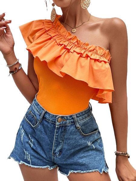 one shoulder ruffle trim g7k0#, White