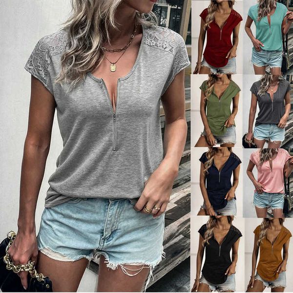 2022 designer european new women's t-shirt solid color round neck stitching lace short-sleeved top, White
2022 designer european new women's t-shirt solid color round neck stitching lace short-sleeved top, White