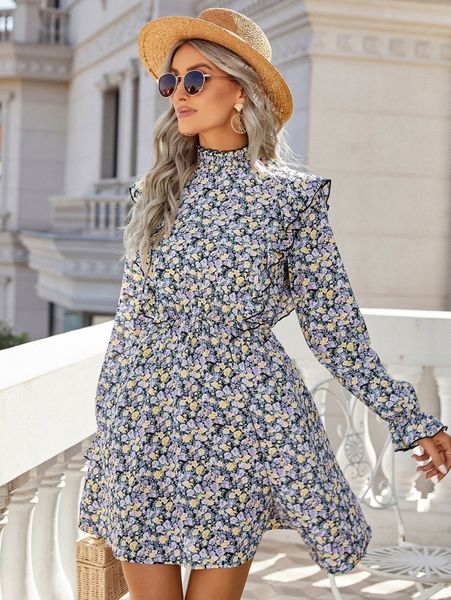 allover floral print shirred frill neck ruffle trim flounce sleeve dress a5ya#, Black;gray
allover floral print shirred frill neck ruffle trim flounce sleeve dress a5ya#, Black;gray
