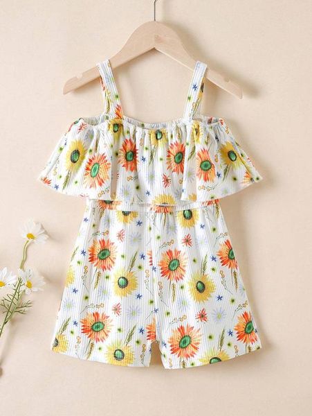 toddler girls floral print cold shoulder ruffle overlay romper she, Blue