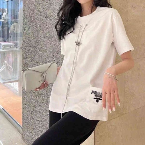 summer spring women t shirts brand triangle metal necklace short sleeve loose pocket embroidery t-shirt fashion round neck pure cotton tees, White
summer spring women t shirts brand triangle metal necklace short sleeve loose pocket embroidery t-shirt fashion round neck pure cotton tees, White