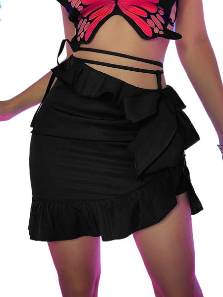 tie side asymmetrical ruffle trim skirt k3fx#, Black
