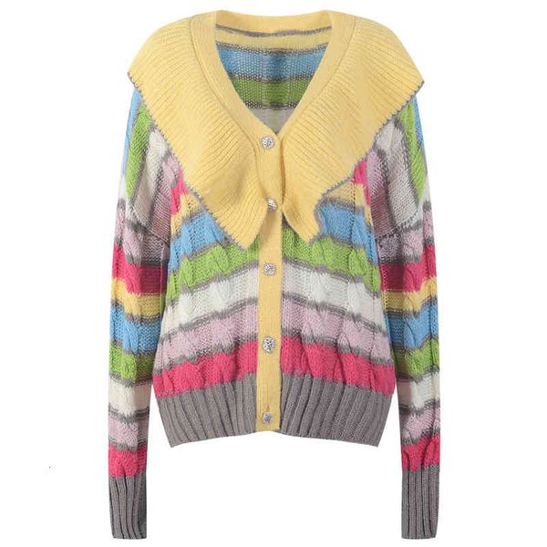 women's knits tees autumn and winter lazy wind rainbow stripe ruffle v-neck knitted cardigan jacket wear pbpg, White
women's knits tees autumn and winter lazy wind rainbow stripe ruffle v-neck knitted cardigan jacket wear pbpg, White