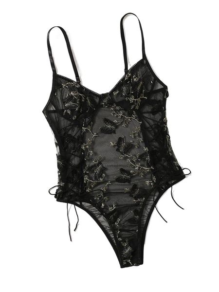embroidered mesh lace-up teddy bodysuit l6cz#, Black;red