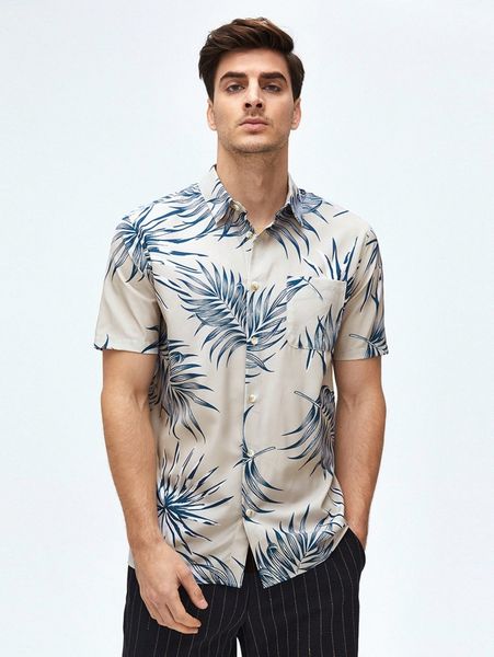 men tropical print patched pocket shirt u4dk#, White;black