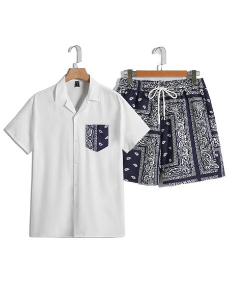men lapel neck pocket patched shirt & paisley print drawstring waist shorts 339b#, Gray
men lapel neck pocket patched shirt & paisley print drawstring waist shorts 339b#, Gray