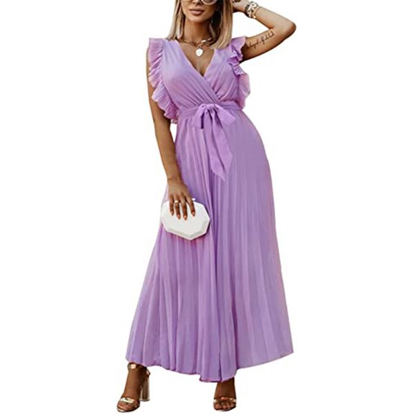 women casual dresses chiffon slim elegant v neck ruffles cap sleeve belted pleated maxi long dress, Black;gray
women casual dresses chiffon slim elegant v neck ruffles cap sleeve belted pleated maxi long dress, Black;gray
