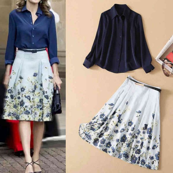 women's two piece pants early spring women's dark blue shirt small flower print skirt suit with belt, White
women's two piece pants early spring women's dark blue shirt small flower print skirt suit with belt, White