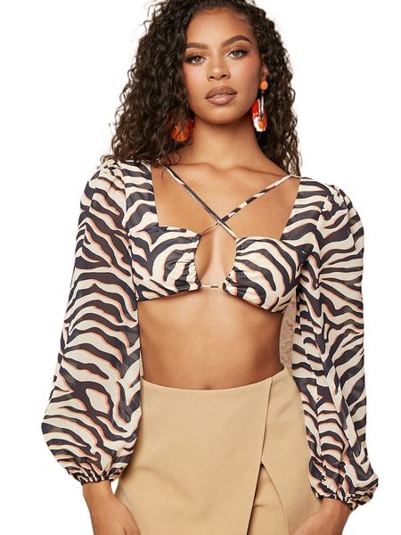 bae crisscross tie back zebra striped crop q3yb#, White