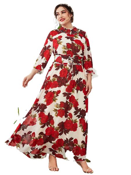 plus random allover floral print shirred flounce sleeve belted chiffon dress x6pv#, Black
plus random allover floral print shirred flounce sleeve belted chiffon dress x6pv#, Black