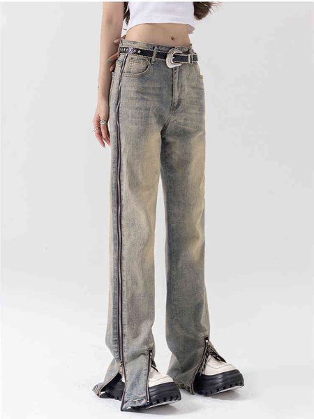 high waist wide leg zipper slit jeans women's summer american design high street straight pants loose denim blue trousers female t22072
high waist wide leg zipper slit jeans women's summer american design high street straight pants loose denim blue trousers female t22072