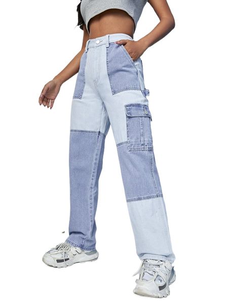 high waist two tone flap pocket cargo jeans 317l#, Blue
high waist two tone flap pocket cargo jeans 317l#, Blue