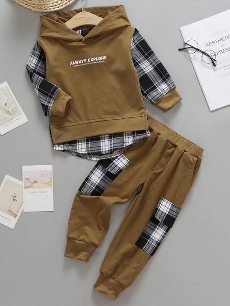 toddler boys plaid & letter graphic hoodie & flap pocket sweatpants she03, White