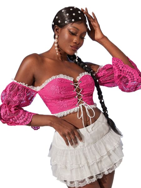 floral embroidered off shoulder frilled lace-up front mesh blouse e9lu#, White
floral embroidered off shoulder frilled lace-up front mesh blouse e9lu#, White