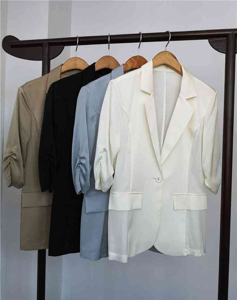 women's suits & blazers pure silk mulberry seven point pleated sleeve one button suit coat women, White;black
women's suits & blazers pure silk mulberry seven point pleated sleeve one button suit coat women, White;black