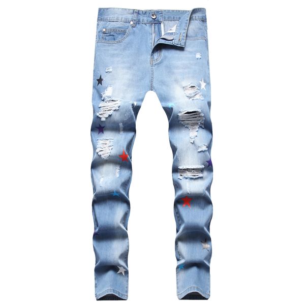 men's jeans hip hop style west coast trendy men's broken hole star digital printing small straight tube denim pants, Blue
men's jeans hip hop style west coast trendy men's broken hole star digital printing small straight tube denim pants, Blue