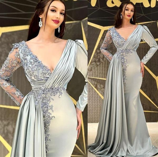 2022 silver prom dresses v neck lace appliques beads long sleeves dubai evening gowns plus size mermaid formal party dress, Black
2022 silver prom dresses v neck lace appliques beads long sleeves dubai evening gowns plus size mermaid formal party dress, Black